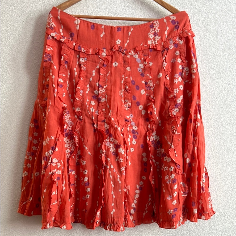 Odille/ Anthropologie Orange Red A-Line Ruffled Tiered Skirt